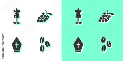 Set Coffee beans, Mannequin, Pope hat and Grape fruit icon. Vector