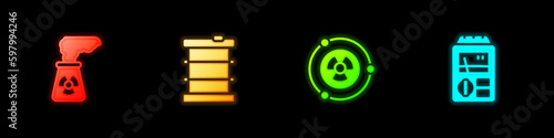 Set Nuclear power plant, Radioactive waste in barrel, and Dosimeter icon. Vector