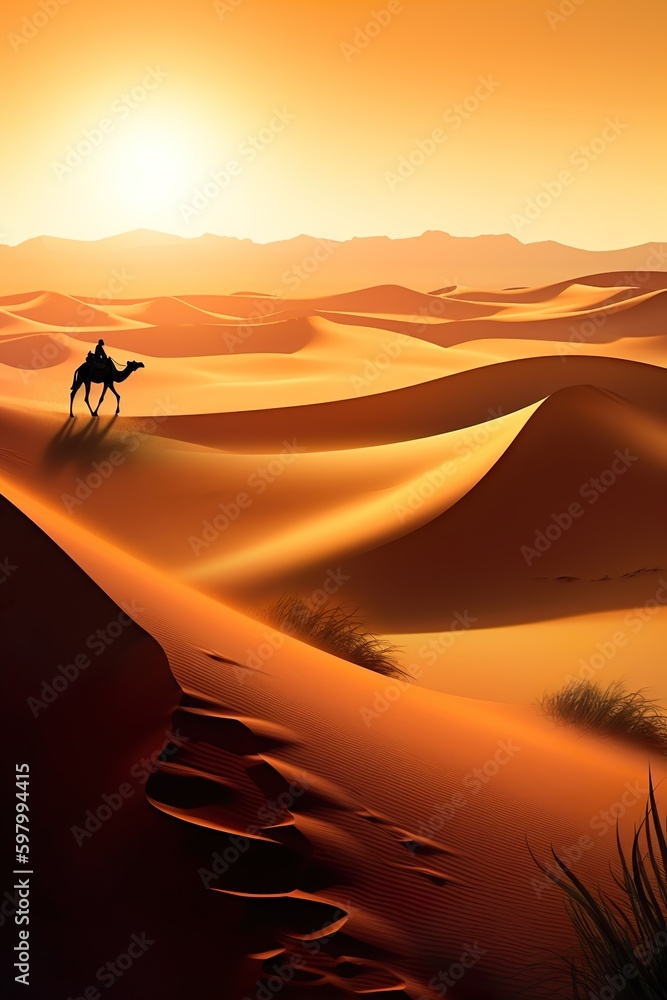 Camel sunset in the desert