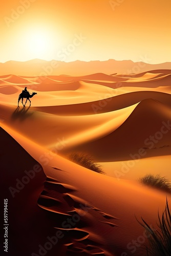 Camel sunset in the desert