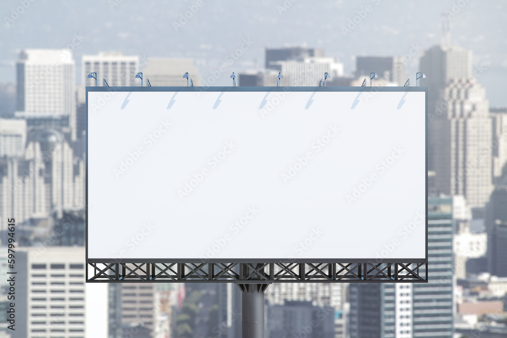 Obraz premium Blank white horizontal billboard on skyline background at daytime, front view. Mock up, advertising concept
