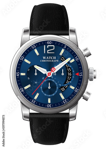 Realistic clock watch chronograph silver blue leather strap black on white background vector
