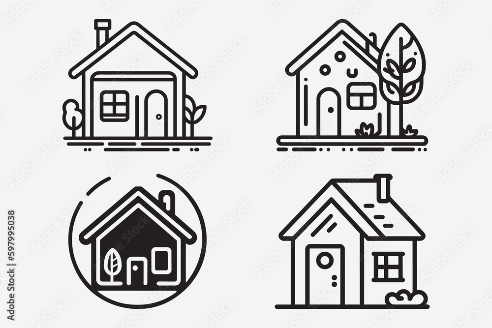 Home Icon set, Illustration of house icons, Black and white house icon, Outline Style, Home line art icons, clean simple design