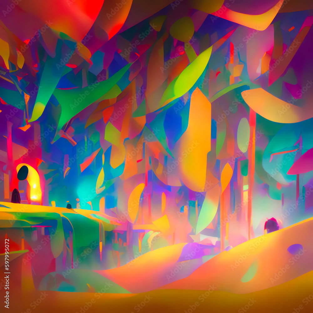 Fantasy landscape, fissure, darkness, light, sun, people in backlight in a science fiction landscape, mountains and rock formation, cave. Dreaming world. Generative AI
