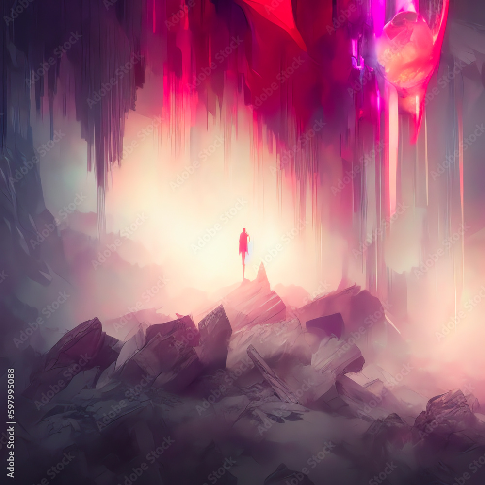 Fototapeta premium Fantasy landscape, fissure, darkness, light, sun, people in backlight in a science fiction landscape, mountains and rock formation, cave. Dreaming world. Generative AI 