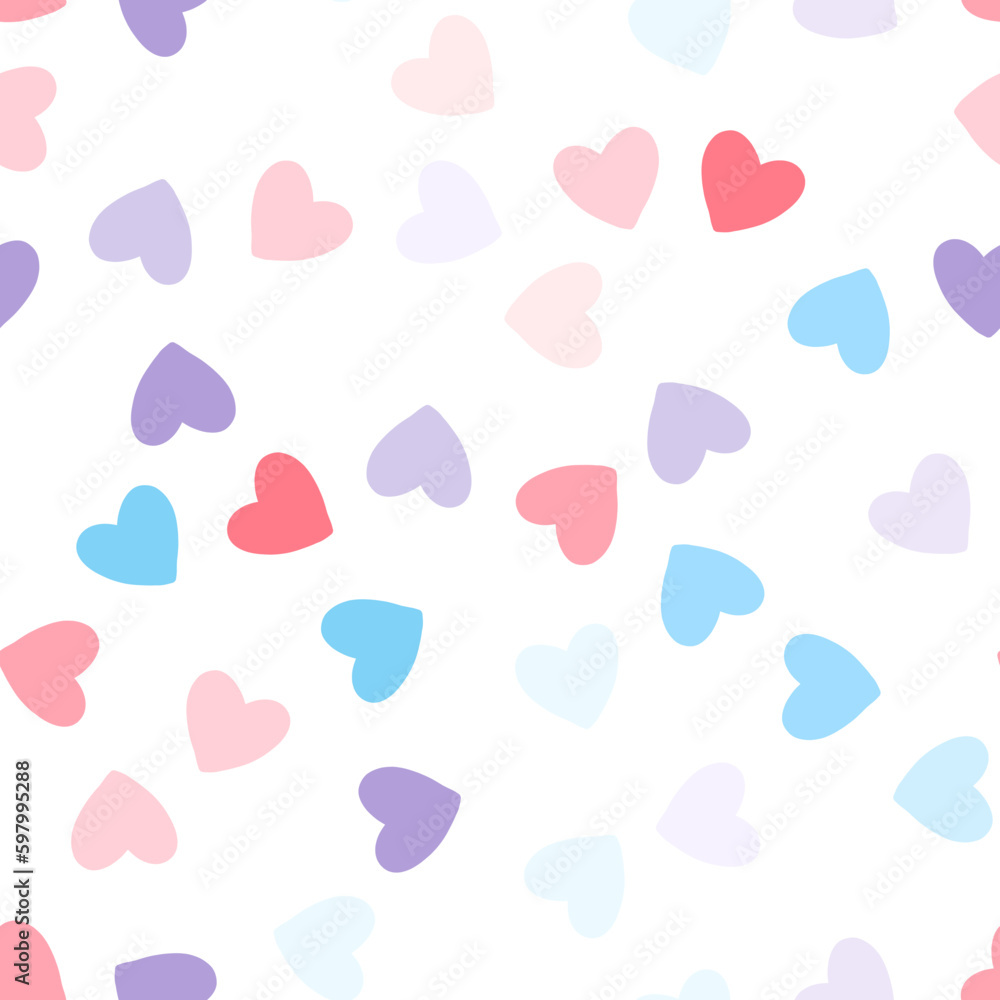 Seamless pattern of cute hand drawn heart multicolor icon set. Drawing doodle. Art abstract concept. Love and passion theme. Isolated white background. Vector illustration.