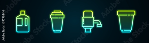Set line Big bottle with clean water, Water filter cartridge, Mechanical pump for and . Glowing neon icon. Vector