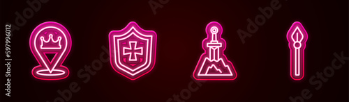 Set line Location king crown, Shield, Sword the stone and Medieval spear. Glowing neon icon. Vector