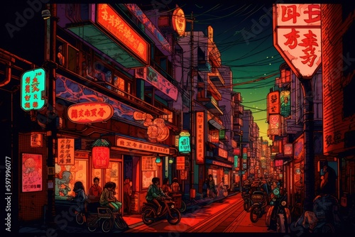 Cyberpunk Tokyo Neon Japanese Cityscape Vintage City Illustration