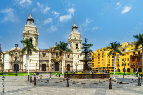 Municipal Palace of Lima and fountain in Plaza de Armas, Lima, Peru, South America