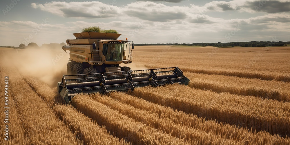 Fototapeta premium AI Generated. AI Generative. Harvester combine ctractor at sunset field of wheat grain plant. Farmer outdoor inspirational vibe. Graphic Art