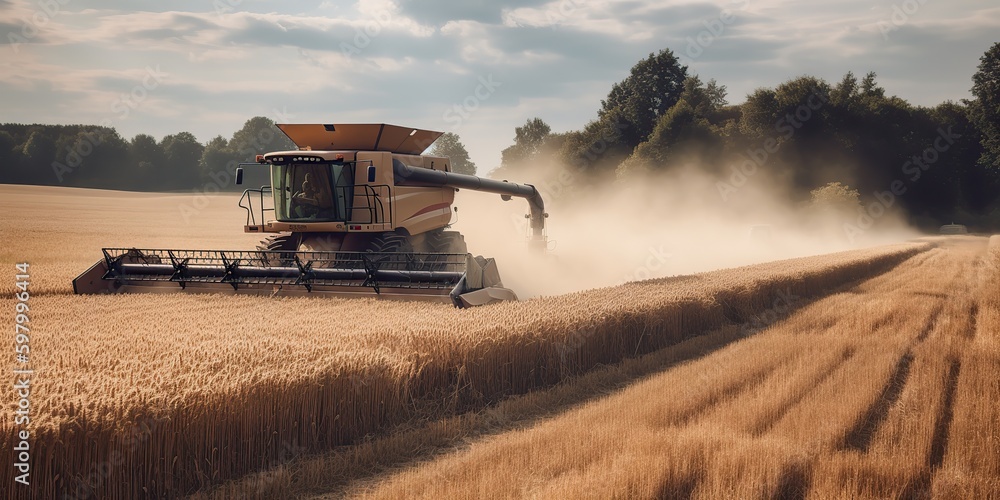Fototapeta premium AI Generated. AI Generative. Harvester combine ctractor at sunset field of wheat grain plant. Farmer outdoor inspirational vibe. Graphic Art