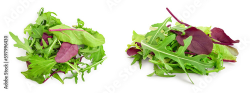 Mix of different salads isolated on white background. Top view. Flat lay