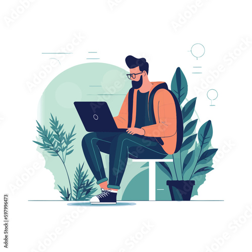Online Work and Learning: A Conceptual Illustration of People using Laptops for Freelancing, Online Training, and Webinars