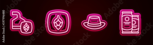 Set line Beer brewing process, Hop, Oktoberfest hat and can. Glowing neon icon. Vector