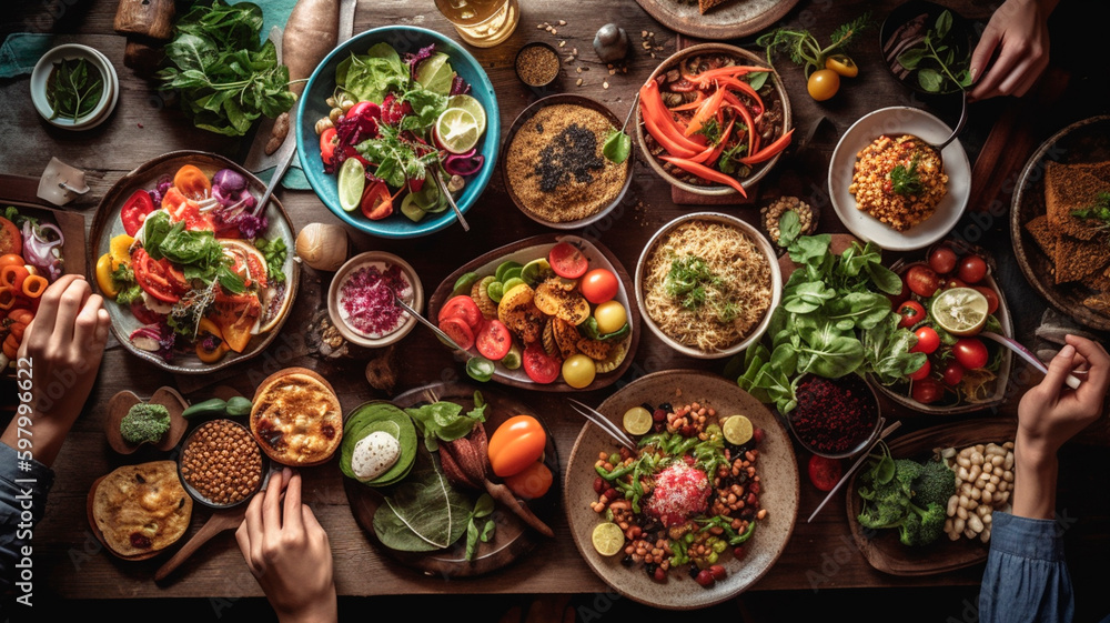 Fototapeta premium Vegan vegetarian lifestyle eat together family friends healthy trend party eat drink fun celebrate