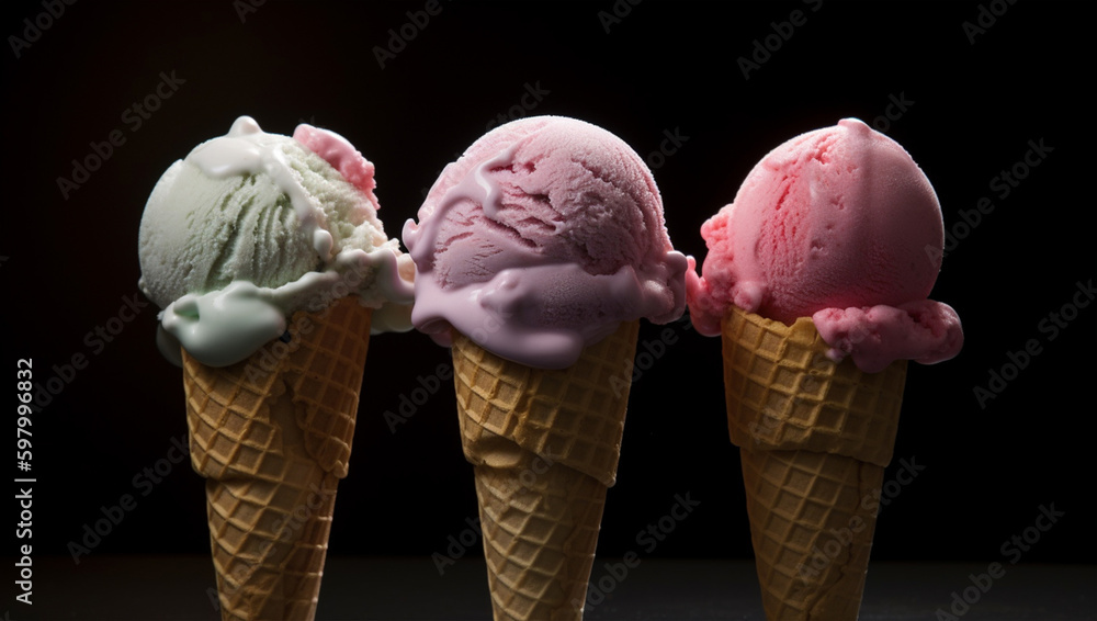 A row of ice cream cones with different flavors on them, AI Generative
A row of ice cream cones with different flavors on them, AI Generative