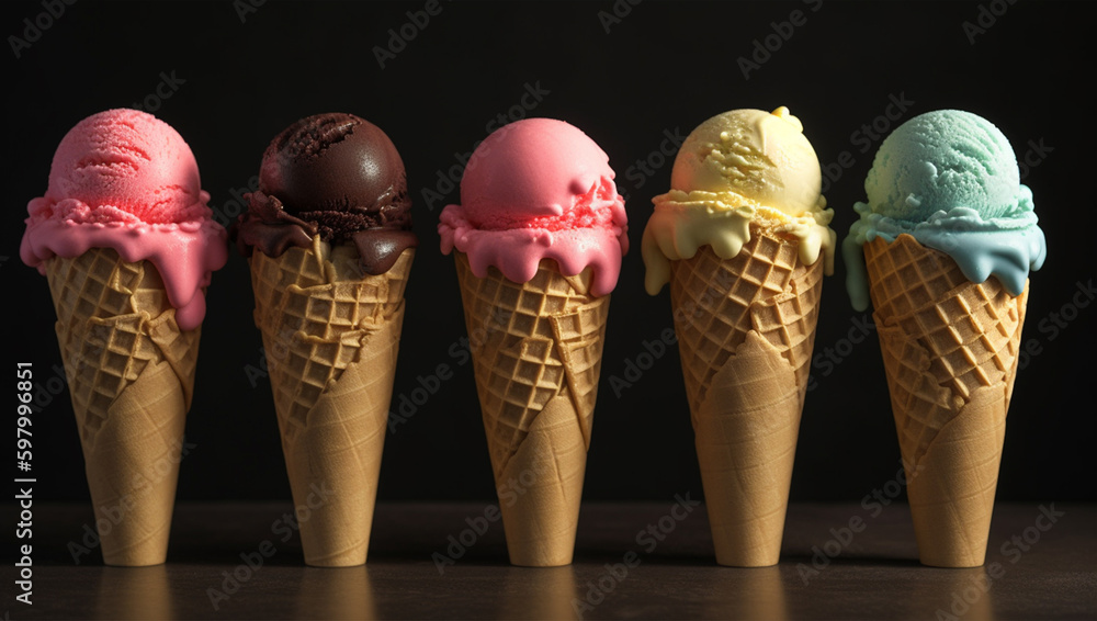 A row of ice cream cones with different flavors on them, AI Generative
A row of ice cream cones with different flavors on them, AI Generative