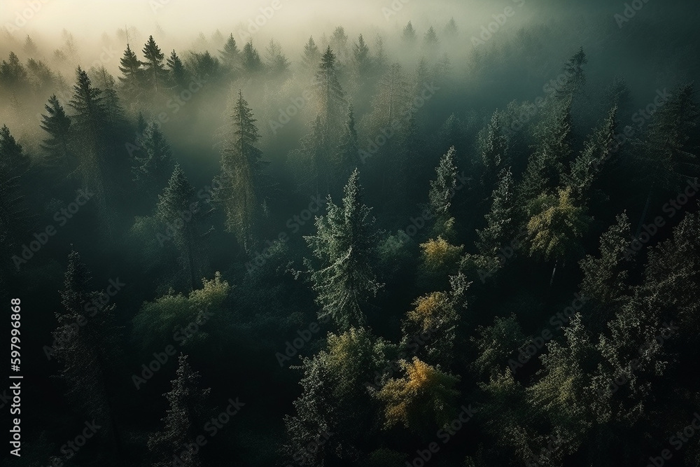 Misty Dawn in the Enchanted Forest. AI generated.