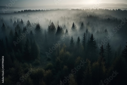 Misty Dawn in the Enchanted Forest. AI generated.