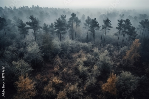 Misty Dawn in the Enchanted Forest. AI generated.