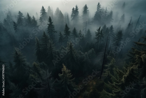 Misty Dawn in the Enchanted Forest. AI generated. photo