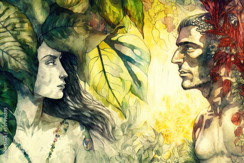 Fototapete Biblical scene of Adam and Eve in Eden, watercolor illustration