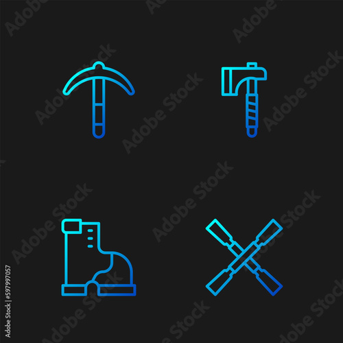 Set line Oars or paddles boat, Winter warm boot, Pickaxe and Wooden. Gradient color icons. Vector