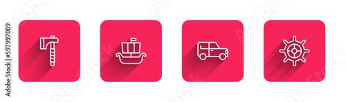 Set line Wooden axe, Viking ship Drakkar, Car and Ship steering wheel with long shadow. Red square button. Vector