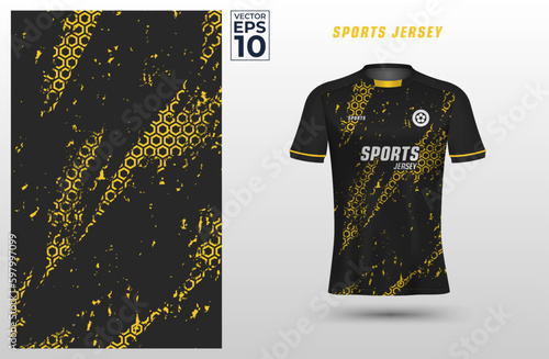 T-shirt sport design template with geometric hexagon pattern on grunge background for soccer jersey. Sport uniform in front view. Shirt mock up for sport club. Vector Illustration	