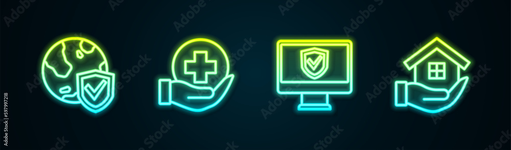 Set line Shield with world globe, Life insurance, Insurance online and House hand. Glowing neon icon. Vector Set line Shield with world globe, Life insurance, Insurance online and House hand. Glowing neon icon. Vector