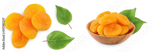 Fototapeta Naklejka Na Ścianę i Meble -  Dried apricots isolated on white background with full depth of field. Top view. Flat lay