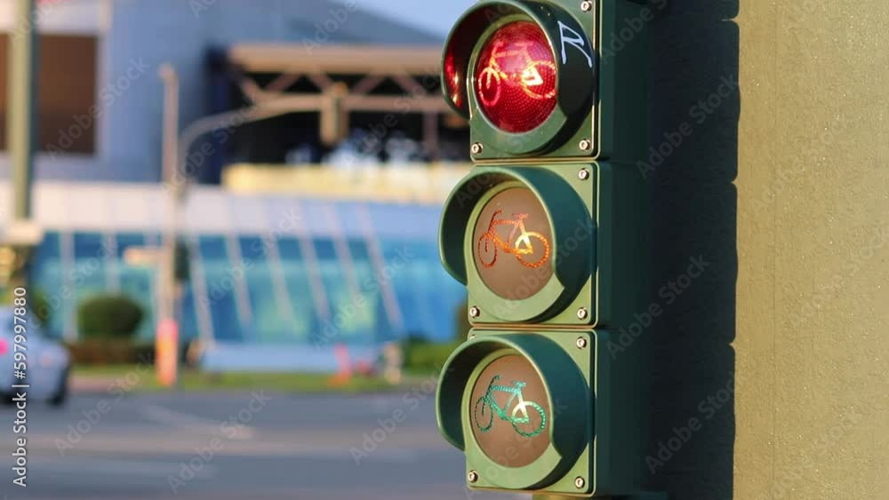 Traffic lights for bikes changing from red traffic light to green