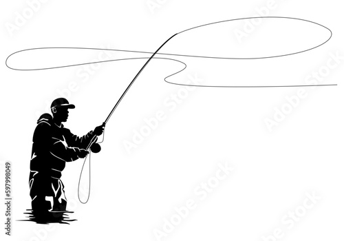 Fly fisherman fishing.graphic fly fishing.clip art black fishing on white background.