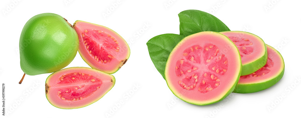 Guava fruit with slices isolated on white background with full depth of field. Top view. Flat lay Guava fruit with slices isolated on white background with full depth of field. Top view. Flat lay