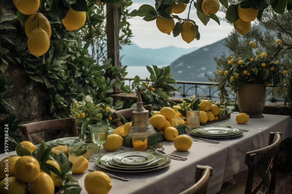 A stunning table setup featuring lemons and lemon trees, with a rustic ...
