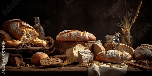 AI Generated. AI Generative. A lot of different fresh baked bread products and deserts. Bakerhouse warm vibe. Graphic Art