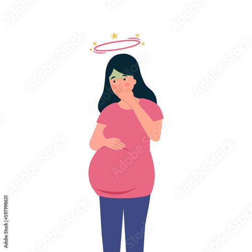 Pregnancy woman with nausea symptom in flat design on white background.