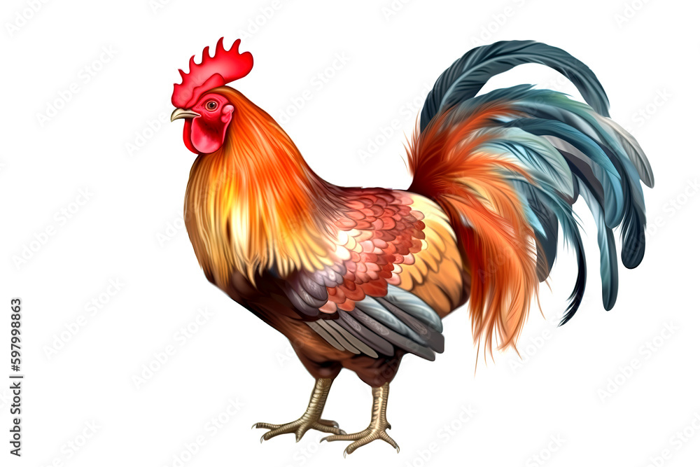 Image of rooster standing on white background. Farm animal. illustration, generative AI.