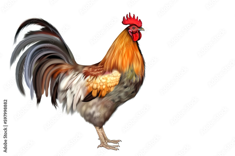 Image of rooster standing on white background. Farm animal. illustration, generative AI. Image of rooster standing on white background. Farm animal. illustration, generative AI.