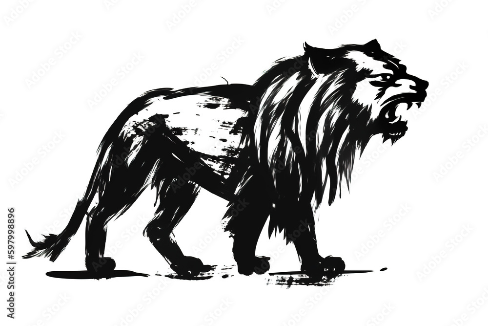 Fototapeta premium Image of a lion drawing using a brush and black ink on white background. Wildlife Animals. Illustration, generative AI.