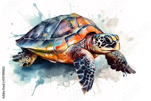 Watercolor painting of a turtle on a white background. Wildlife Animals. Illustration  generative AI.