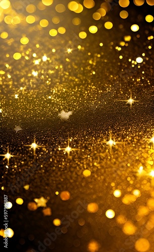 Festive abstract christmas texture, golden bokeh particles and highlights on dark background. AI genereated. Glitter lights grunge background, gold glitter defocused abstract Twinkly Lights pattern