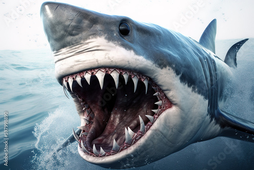 An angry big shark opens its mouth wide with sharp teeth. Animal. Fish. Generative ai.