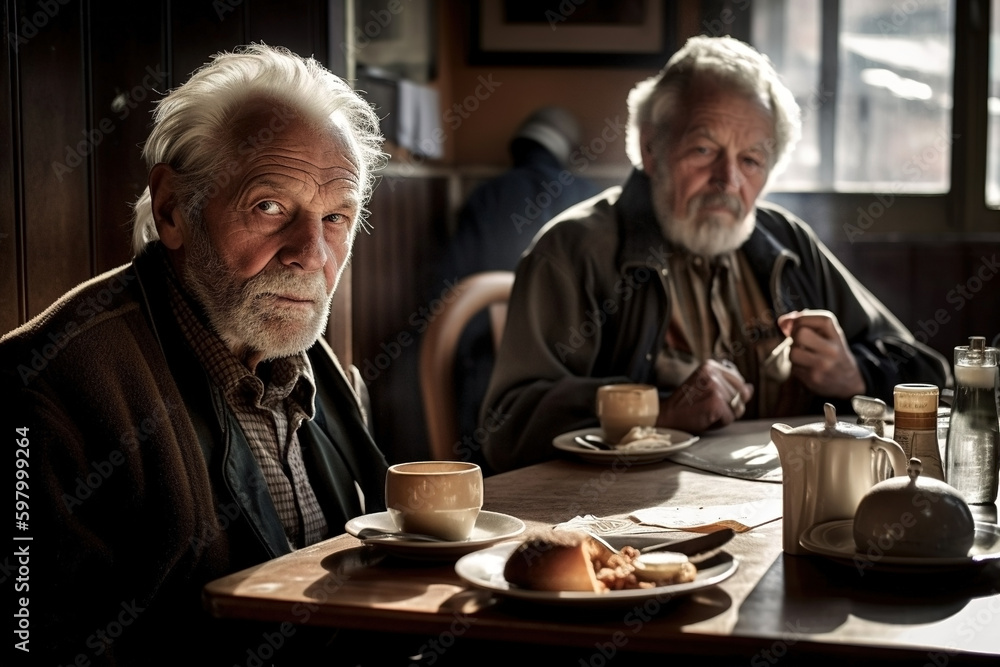 Two old friends, elderly, share a coffee in a bar, while they talk about their memories. Ai generated. Two old friends, elderly, share a coffee in a bar, while they talk about their memories. Ai generated.