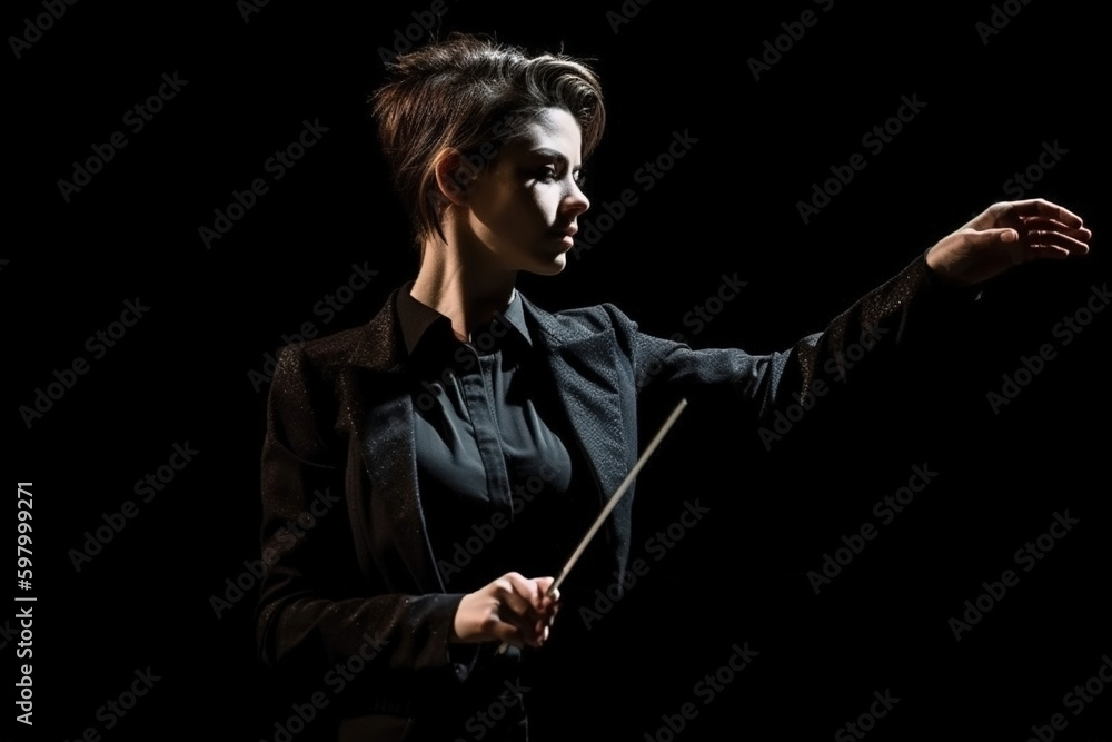 Orchestra conductor woman, with her baton, isolated on black background. Ai generated.