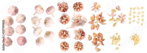 Set of fresh whole, peeled, sliced and chopped  garlic isolated on white background. Image on top view.
