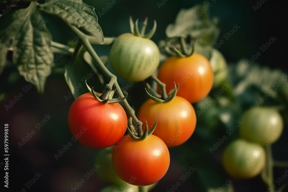 Ripe tomatoes hanging on the branch