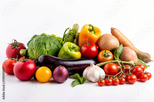 Fresh fruit and vegetable background in white background