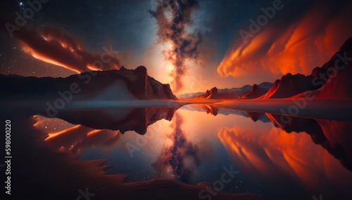 Amazing landscape as background design. Incredible evening scene of beautiful nature. Night sky is reflected in the water. Generative AI.